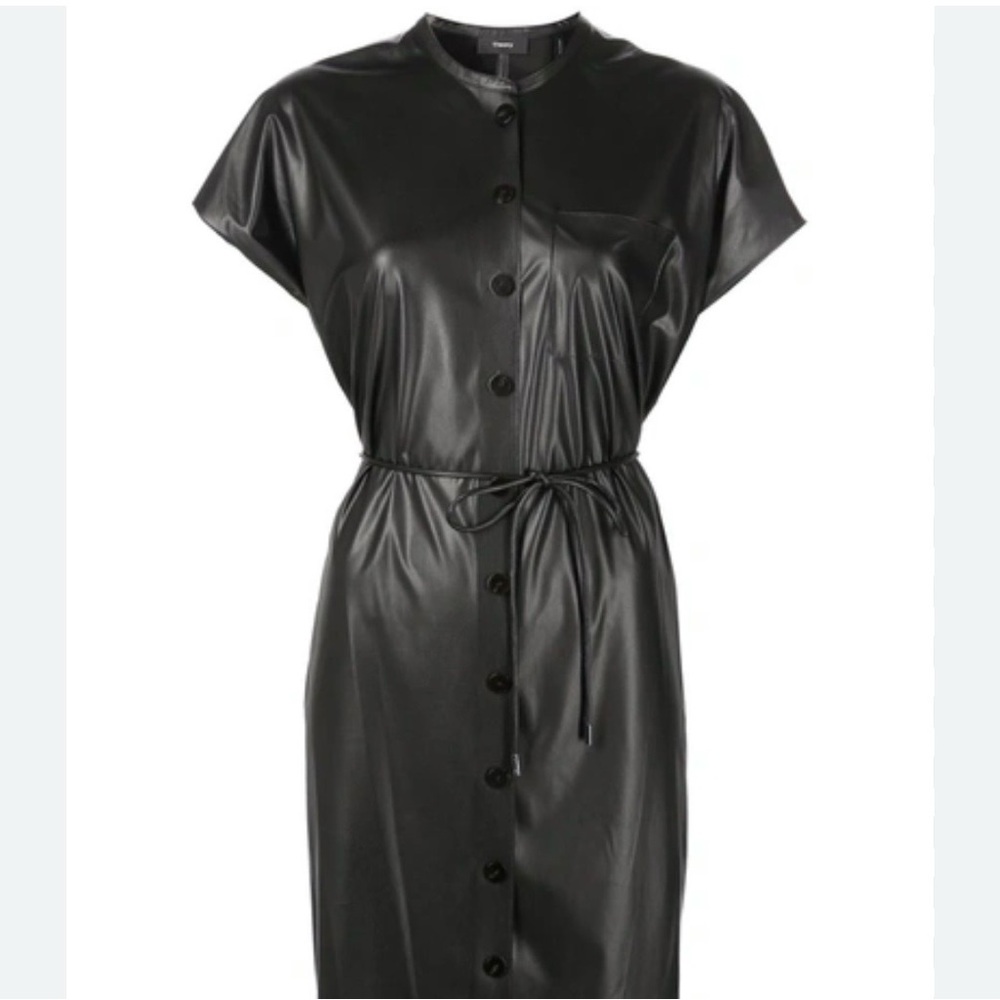 Theory Black Button-Up Dress with Tie Waist and Pocket